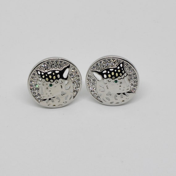 Vintage ear clips round silver color leopard chee… - image 2