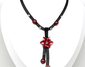 schwarzes Halscollier Kette Blume Rosa Kunstperlen Kristall Anhänger Halsband Modern