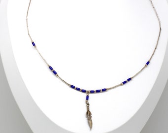 Vintage choker chain 925 silver with feather and small blue stones Indian jewelry 70s