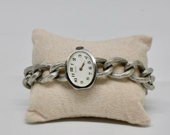 Vintage Damenuhr Armbanduhr ZentRa grobes Gliederband Silberfarbe Kastenschliesse  Mechanisch Handaufzug Zeitlos wuchtig
