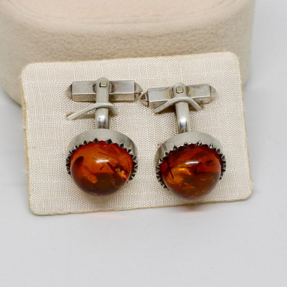 Antique cufflinks 830 silver round with amber 60s… - image 2