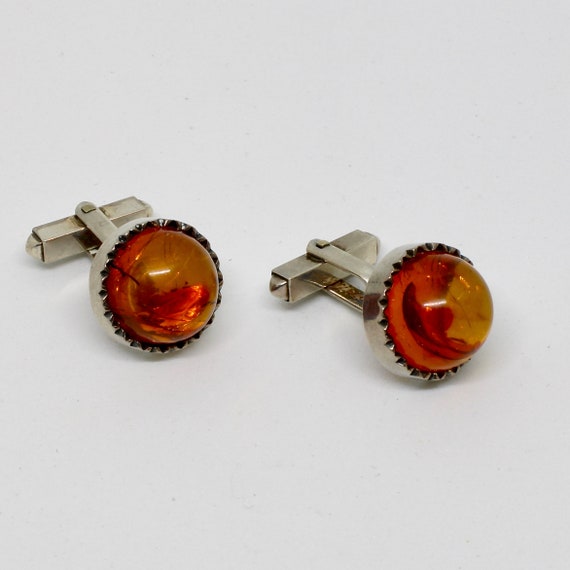 Antique cufflinks 830 silver round with amber 60s… - image 4