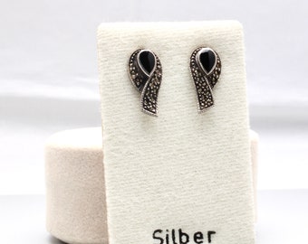 Elegant stud earrings 925 silver onyx and marcasite stones, noble, high quality for women