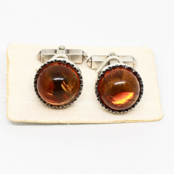 Antique cufflinks 830 silver round with amber 60s… - image 1