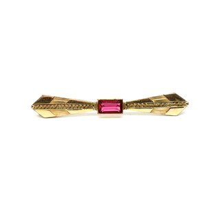 Jugendstil Brosche Gold Double Schleife Rubin roter Stein Rubinrot geschliffen 30er Jahre Zeitlos