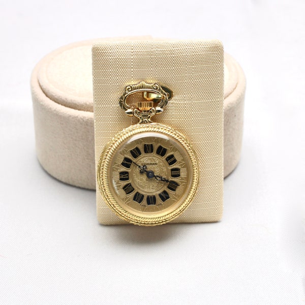 Taschenuhr Kettenuhr Uhr Lugran Swiss Made Goldfarbe Floral Handaufzug Geschenk für Sie für Halskette 70er Jahre Damenuhr