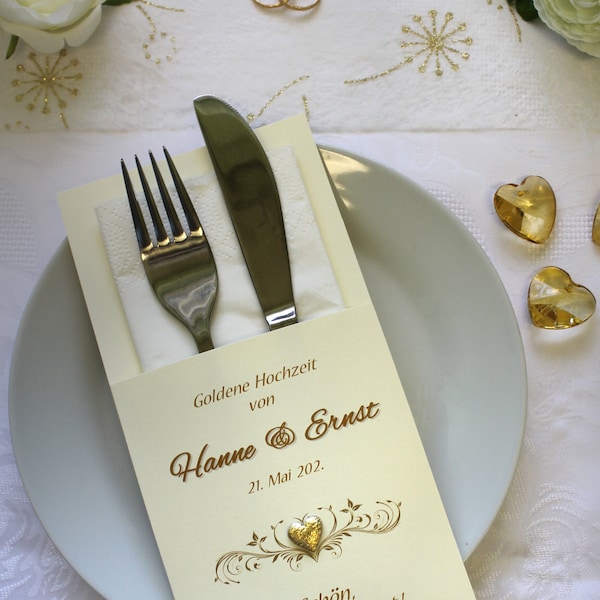 Cutlery bag for the "Golden Wedding" ornament with heart, personalised, design 7106