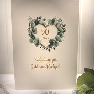 Einladungskarten 10 Stück "Eukalyptusherz" für Ihre Goldene Hochzeit incl. Umschlag zum kleinen Preis Design GO 03