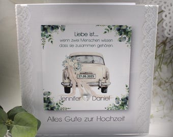 Wedding greeting card "Wedding car" silver, with real lace, including personalization and optionally as a money gift, design 123