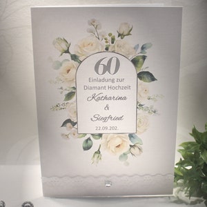 Einladung zur Diamantenen Hochzeit "Rosen" aus edlem Feinleinenkarton incl. Personalisierung, Einlegeblatt & Umschlag Design 8021