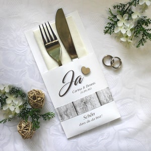 Wedding cutlery bag, "Ja" wood look, personalised, design 12036