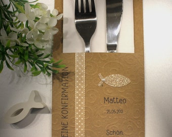 Cutlery bag for confirmation, communion or baptism, natural with embossed kraft cardboard design 5011