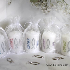 Guest gift candle "THANK YOU" with glitter fish for confirmation, communion or baptism, in an organza bag, at a low price! Design 315