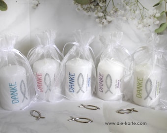 Guest gift candle "THANK YOU" with glitter fish for confirmation, communion or baptism, in an organza bag, at a low price! Design 315