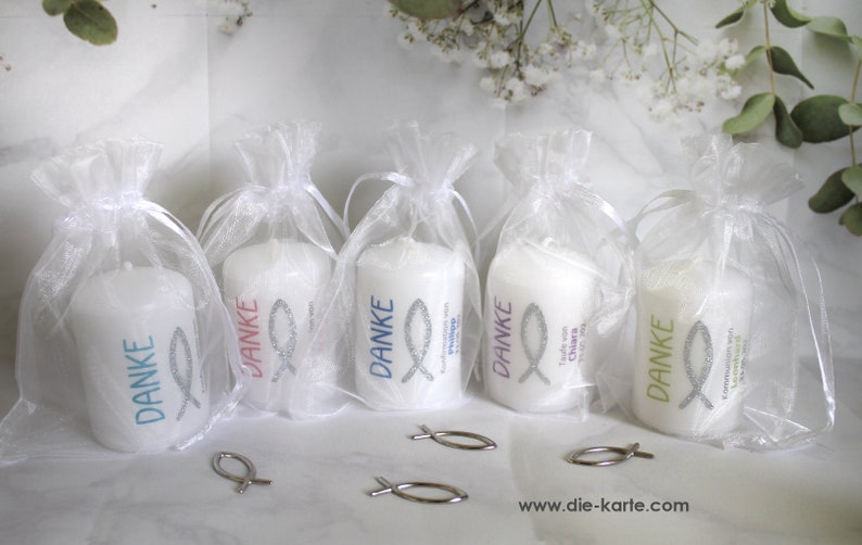 Guest gift candle THANK YOU with glitter fish for confirmation, communion or baptism, in an organza bag, at a low price Design 315 image 1