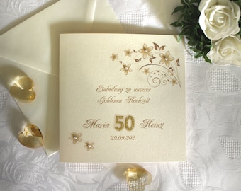 Invitation to the golden wedding made of fine mother-of-pearl cardboard incl. personalisation, insert sheet & envelope design 12811