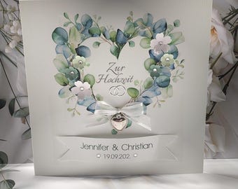 Wedding greeting card "Eucalyptus Heart" with personalization and, upon request, as a money gift. Design 170
