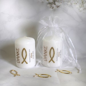 Guest gift candle "DANKE GOLD" with glitter fish for confirmation, communion or baptism, in an organza bag, at a low price! Design 315