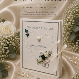 Könnte beinhalten: Eine weiße, rechteckige Hochzeitskarte mit dem Text Alles Liebe zur Hochzeit, den Namen Jenny & Christian und dem Datum 25.09.202. Die Karte ist mit zwei dunkelgrünen Schmetterlingen, einem zentralen Herz, Blumenakzenten und zwei silbernen Ringen verziert.