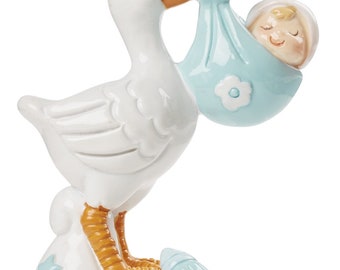 Figur Storch mit Baby hellblau oder rosa, ideal als Deko
