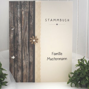 Stammbuch mit Namen Holzoptik rustikal mit echter Spitze und Blüte 12027, A5, zum kleinen Preis