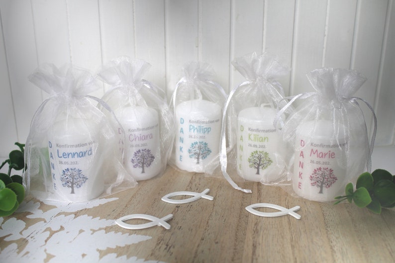 Guest gift candle TREE for confirmation, communion or baptism, in an organza bag, at a low price Design 303 image 2