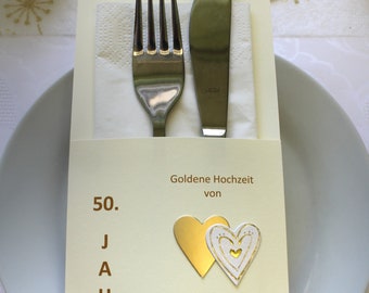 Cutlery bag for the "Golden Wedding" with hearts, personalized, design 7105