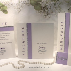 Bastelset DIY "lila" Einladung, Menükarte, Tischkarte, Danksagung oder Gastgeschenk Kerze zur Konfirmation, Kommunion oder Taufe Design K18