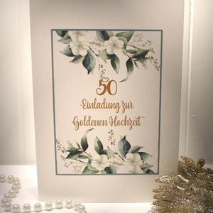 Einladungskarten 10 Stück "Blumen weiss" für Ihre Goldene Hochzeit incl. Umschlag zum kleinen Preis Design GO 01
