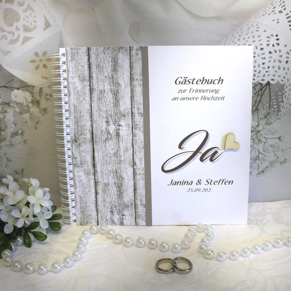 Gästebuch zur Hochzeit mit Namen "Holzoptik Herz" wahlweise in natur oder altrosa Design 12036