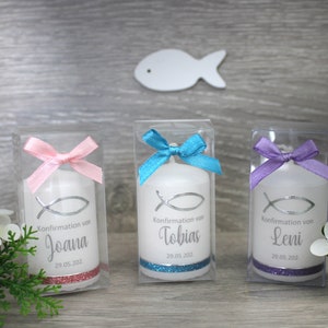 Guest gift candle very noble with glitter stripes and mirror fish for confirmation, communion & baptism, design 316