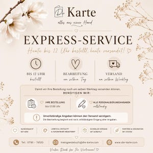 Könnte beinhalten: Eine beige Infografik mit weißen Blumenillustrationen und dunkelbraunem Text. Das Design erläutert einen Express-Service mit Symbolen für Bestellung, Bearbeitung und Versand sowie Kontaktdaten und Informationen zur Website.