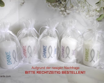 Party favor candle "Thank you FISH" in 5 colors for confirmation, communion or baptism, in an organza bag, at a low price! Design 315