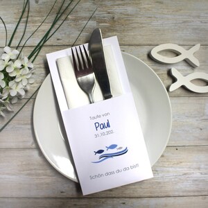 Cutlery bag Wave with fish for baptism, confirmation, communion or confirmation, personalized, design 212 blau