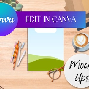 May include: A mock-up design on a wooden desk with the text "Edit in Canva". The design features a blue and green landscape. A cup of coffee, pencils, and glasses are also on the desk.