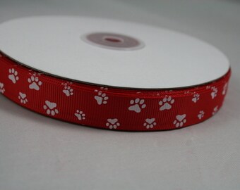 1 m Ribbon Grosgrain Paw Dogs 15 mm, rood