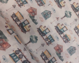 11,90 Euro/mètre tissu en coton de Noël avec motif de Noël, train de Noël