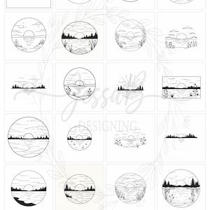 May include: Collection of minimalist black and white sunset illustrations. Each design features a circular frame with a sunset over water or land, with trees, plants, and clouds. The designs are suitable for wall art or graphic design.