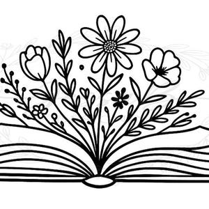Könnte beinhalten: Schwarz-Weiß-Illustration eines offenen Buches mit Blumen und Blättern, die aus den Seiten wachsen. Die Blumen umfassen eine Gänseblümchen, eine Tulpe und andere kleine Blüten. Das Bild ist ein einfaches, elegantes Design.