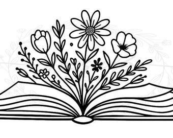May include: A black and white line drawing of an open book with flowers and foliage emerging from the pages. The floral elements include a daisy, a tulip, and other small flowers. The design is simple and elegant.