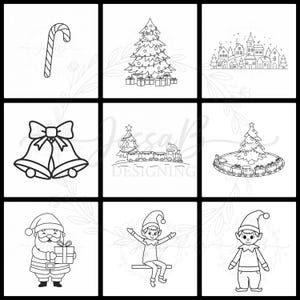 May include: Black and white line art illustrations of Christmas-themed elements. Includes a candy cane, Christmas tree, village scene, bells, train, Santa Claus, and elves. The illustrations are simple and suitable for coloring or crafting projects.