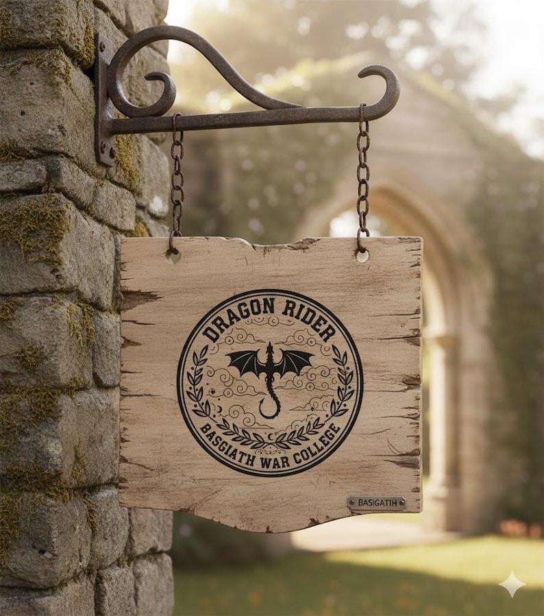 May include: A distressed wooden sign displaying "DRAGON RIDER BASGIATH WAR COLLEGE" within a circular emblem featuring a dragon. The sign is suspended by chains from a decorative metal bracket on a stone wall.
