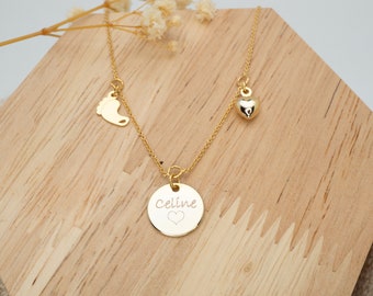 Personalisierte Kette Gravur Herz Fußabdruck, Kette mit Gravur, Namenskette Datum, Familienkette Gold Rose, personalisiertes Geschenk