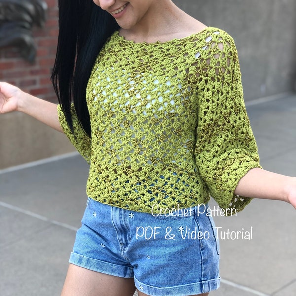 Lacy crochet sweater top pattern | Pdf file, photo tutorial and video tutorial US women's sizes XS-XXL. crochet top