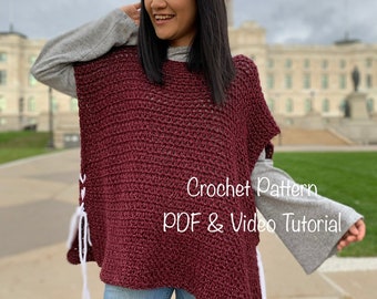 Crochet poncho pattern for women, includes women's sizes XS-4XL with PDF instant digital download as well as a link to video tutorial