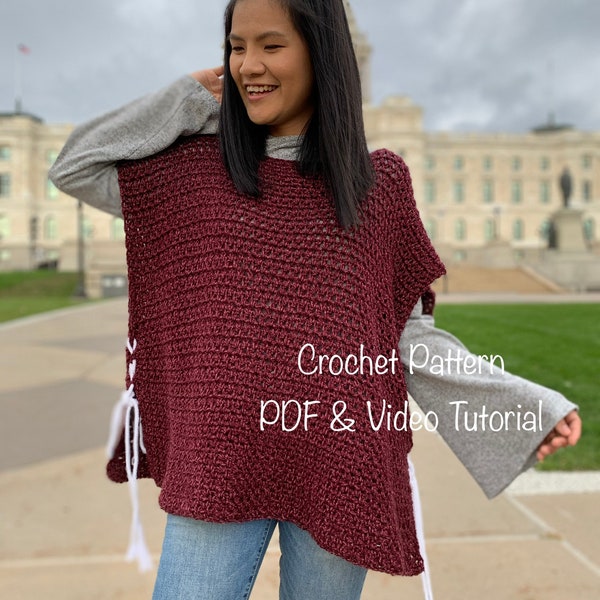 Crochet poncho pattern for women, includes women's sizes XS-4XL with PDF instant digital download as well as a link to video tutorial