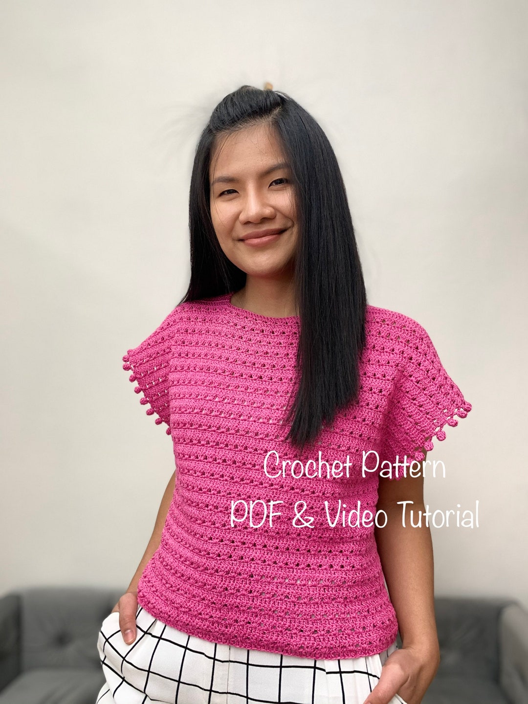 トップス Crochet frill knit tops Pink ANDMARY】Crochet frill knit tops