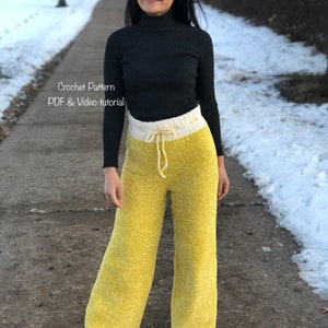 Crochet Pants Pattern with Velvet Yarn, Perfect Pj bottoms and lounge wear. US sizes XS-XXL, Pdf file, video tutorial and photo tutorial