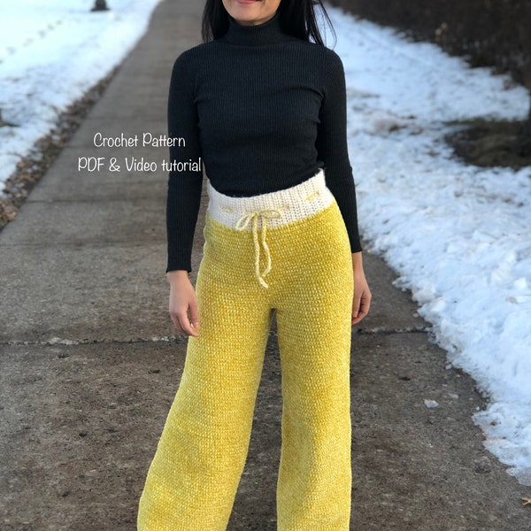 Modèle de pantalon au crochet avec du fil de velours, des bas de pyjama parfaits et des vêtements de détente. Tailles US XS-XXL, fichier Pdf, tutoriel vidéo et tutoriel photo