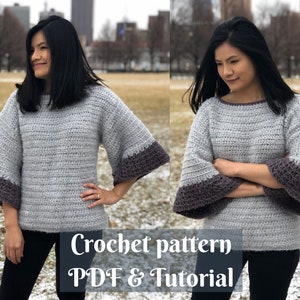 Pullover sweater crochet pattern with bell sleeves Us women&#39;s size XS - XL (Video tutorial link included)